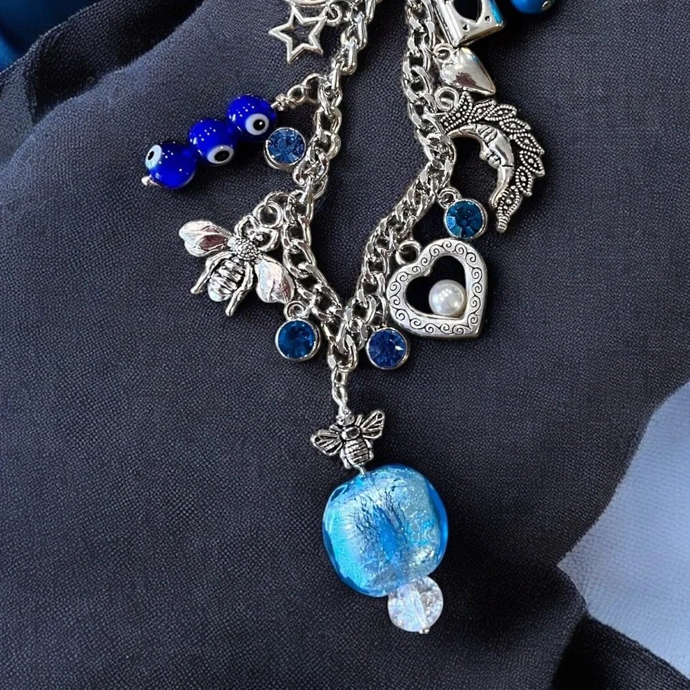 Fun and Pretty Silver and Blue Toned Charm Necklace Vintage and New Charms